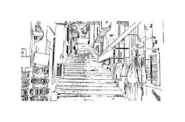 Print Building view with landmark of Nafplio is the city in Greece. Vektörde elle çizilmiş çizim çizimi.