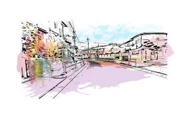 Japonya 'nın başkenti Nagoya' nın simgesi olan Print Building View 'dir. Vektörde elle çizilmiş resim ile suluboya sıçraması