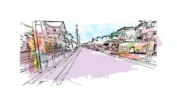 Imprimer Ville Nagoya Est Située Japon Aquarelle Éclaboussure Avec Dessin — Image vectorielle