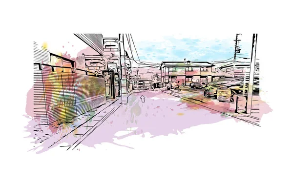 Imprimer Ville Nagoya Est Située Japon Aquarelle Éclaboussure Avec Dessin — Image vectorielle