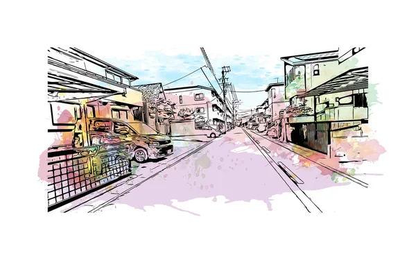 Imprimer Ville Nagoya Est Située Japon Aquarelle Éclaboussure Avec Dessin — Image vectorielle
