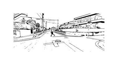 Japonya 'nın başkenti Nagoya' nın simgesi olan Print Building View 'dir. Vektörde elle çizilmiş çizim çizimi