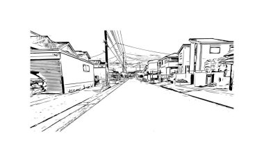 Japonya 'nın başkenti Nagoya' nın simgesi olan Print Building View 'dir. Vektörde elle çizilmiş çizim çizimi