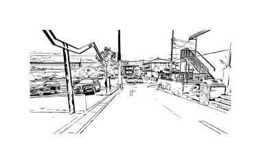 Japonya 'nın başkenti Nagoya' nın simgesi olan Print Building View 'dir. Vektörde elle çizilmiş çizim çizimi