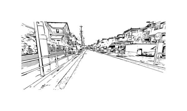 Vytisknout Pohled Budovu Orientačním Bodem Nagoje Město Japonsku Ručně Kreslená — Stockový vektor