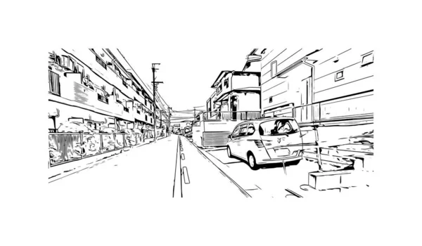 Print Building Vista Com Marco Nagoya Cidade Japão Desenho Desenhado — Vetor de Stock