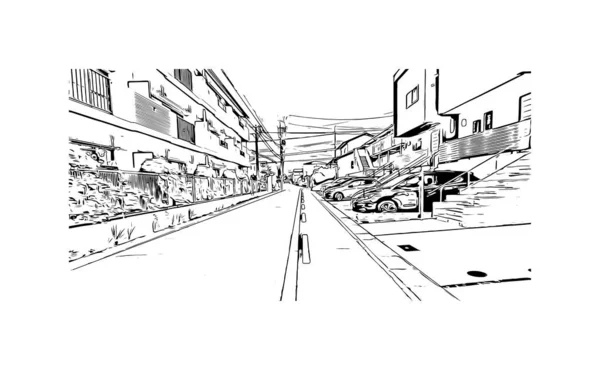 Imprimer Ville Nagoya Est Située Japon Illustration Dessinée Main Vecteur — Image vectorielle