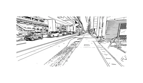 Print Building View Landmark Nagoya City Japan Hand Drawn Sketch — Stock vektor