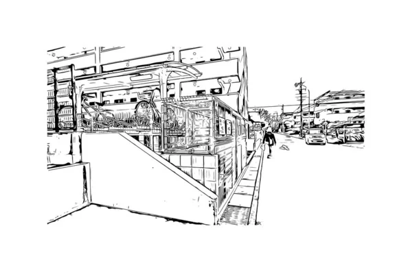 Print Вид Здание Достопримечательностью Нагоя Город Японии Ручной Рисунок Векторе — стоковый вектор