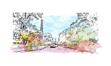 Kenya 'nın başkenti Nairobi' nin simgesi olan Print Building View 'dir. Vektörde elle çizilmiş resim ile suluboya sıçraması.