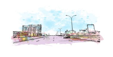 Kenya 'nın başkenti Nairobi' nin simgesi olan Print Building View 'dir. Vektörde elle çizilmiş resim ile suluboya sıçraması.