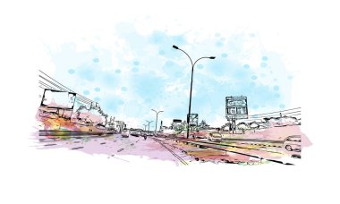 Kenya 'nın başkenti Nairobi' nin simgesi olan Print Building View 'dir. Vektörde elle çizilmiş resim ile suluboya sıçraması.