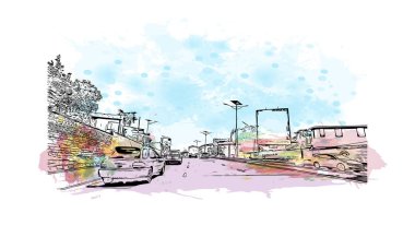 Kenya 'nın başkenti Nairobi' nin simgesi olan Print Building View 'dir. Vektörde elle çizilmiş resim ile suluboya sıçraması.