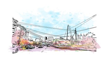 Kenya 'nın başkenti Nairobi' nin simgesi olan Print Building View 'dir. Vektörde elle çizilmiş resim ile suluboya sıçraması.