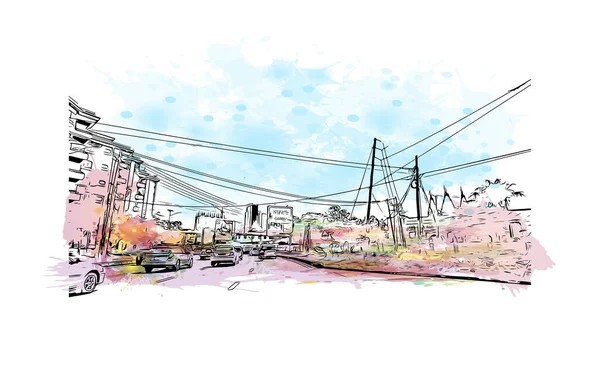 Kenya 'nın başkenti Nairobi' nin simgesi olan Print Building View 'dir. Vektörde elle çizilmiş resim ile suluboya sıçraması.