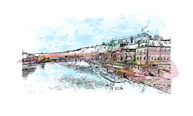 Namur 'un simgesi olan Print Building View Belçika' da yer almaktadır. Vektörde elle çizilmiş resim ile suluboya sıçraması.