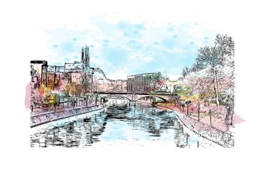 Namur 'un simgesi olan Print Building View Belçika' da yer almaktadır. Vektörde elle çizilmiş resim ile suluboya sıçraması.