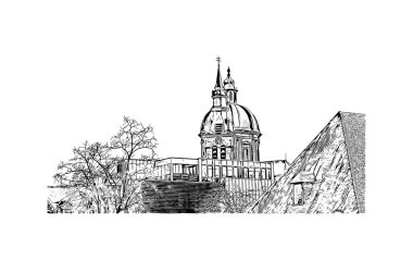 Namur 'un simgesi olan Print Building View Belçika' da yer almaktadır. Vektörde elle çizilmiş çizim çizimi.