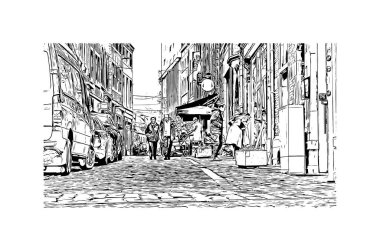 Namur 'un simgesi olan Print Building View Belçika' da yer almaktadır. Vektörde elle çizilmiş çizim çizimi.