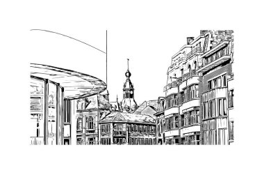 Namur 'un simgesi olan Print Building View Belçika' da yer almaktadır. Vektörde elle çizilmiş çizim çizimi.