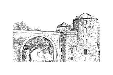 Namur 'un simgesi olan Print Building View Belçika' da yer almaktadır. Vektörde elle çizilmiş çizim çizimi.