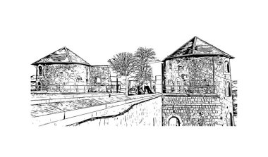 Namur 'un simgesi olan Print Building View Belçika' da yer almaktadır. Vektörde elle çizilmiş çizim çizimi.