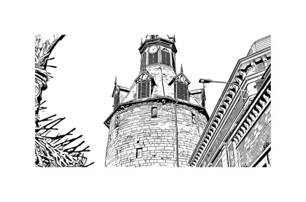 Namur 'un simgesi olan Print Building View Belçika' da yer almaktadır. Vektörde elle çizilmiş çizim çizimi.