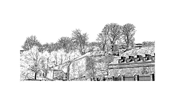 Namur 'un simgesi olan Print Building View Belçika' da yer almaktadır. Vektörde elle çizilmiş çizim çizimi.