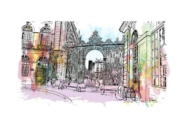 Matbaa manzarası Nancy 'nin simgesi olan Fransa' da bir şehirdir. Vektörde elle çizilmiş resim ile suluboya sıçraması.