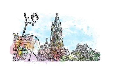 Matbaa manzarası Nancy 'nin simgesi olan Fransa' da bir şehirdir. Vektörde elle çizilmiş resim ile suluboya sıçraması.