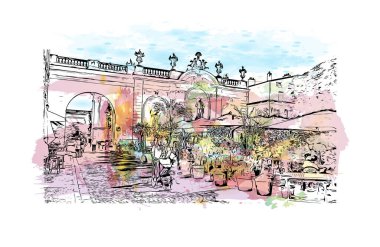 Matbaa manzarası Nancy 'nin simgesi olan Fransa' da bir şehirdir. Vektörde elle çizilmiş resim ile suluboya sıçraması.