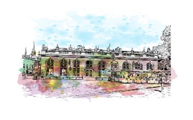 Matbaa manzarası Nancy 'nin simgesi olan Fransa' da bir şehirdir. Vektörde elle çizilmiş resim ile suluboya sıçraması.