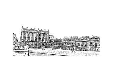 Matbaa manzarası Nancy 'nin simgesi olan Fransa' da bir şehirdir. Vektörde elle çizilmiş çizim çizimi.