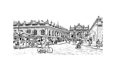 Matbaa manzarası Nancy 'nin simgesi olan Fransa' da bir şehirdir. Vektörde elle çizilmiş çizim çizimi.