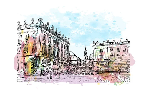 Imprimer Vue Imprenable Sur Nancy Est Ville France Aquarelle Éclaboussure — Image vectorielle