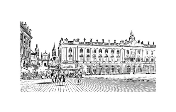 Matbaa manzarası Nancy 'nin simgesi olan Fransa' da bir şehirdir. Vektörde elle çizilmiş çizim çizimi.