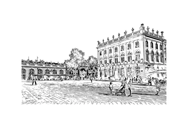 Print Building View Landmark Nancy City France Hand Drawn Sketch — Stock vektor