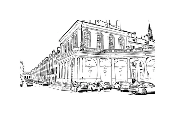 Print Building View Landmark Nancy City France Hand Drawn Sketch — Stock vektor