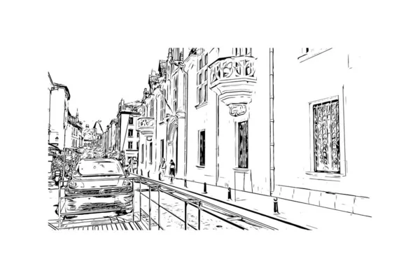 Imprimir Vista Del Edificio Con Hito Nancy Ciudad Francia Dibujo — Vector de stock