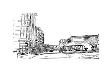 Napa 'nın simgesi olan Print Building View Kaliforniya' da bulunmaktadır. Vektörde elle çizilmiş çizim çizimi.