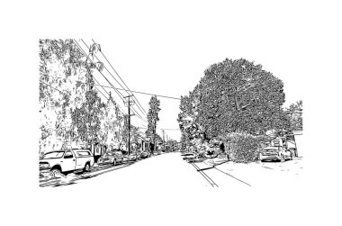 Napa 'nın simgesi olan Print Building View Kaliforniya' da bulunmaktadır. Vektörde elle çizilmiş çizim çizimi.