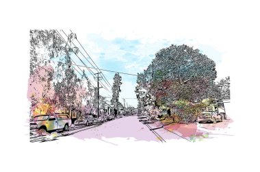 Napa 'nın simgesi olan Print Building View Kaliforniya' da bulunmaktadır. Vektörde elle çizilmiş resim ile suluboya sıçraması.