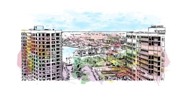 Napoli 'nin simgesi olan Print Building View Florida' da bulunmaktadır. Vektörde elle çizilmiş resim ile suluboya sıçraması.