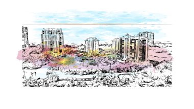 Napoli 'nin simgesi olan Print Building View Florida' da bulunmaktadır. Vektörde elle çizilmiş resim ile suluboya sıçraması.