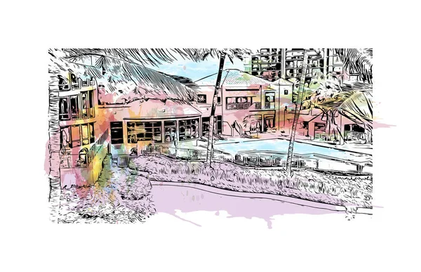 Print Building View Landmark Naples City Florida Watercolor Splash Hand — Vetor de Stock
