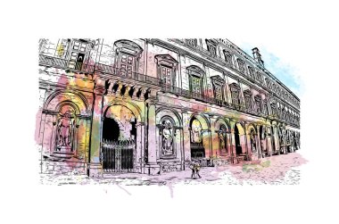 Print Building view with landmark of Naples is the city in Italy. Vektörde elle çizilmiş resim ile suluboya sıçraması.