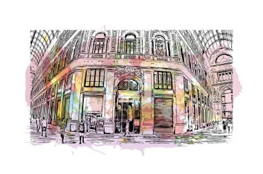 Print Building view with landmark of Naples is the city in Italy. Vektörde elle çizilmiş resim ile suluboya sıçraması.