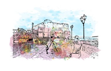 Print Building view with landmark of Naples is the city in Italy. Vektörde elle çizilmiş resim ile suluboya sıçraması.