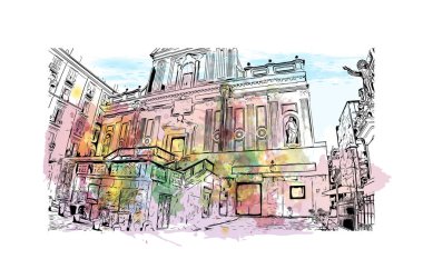 Print Building view with landmark of Naples is the city in Italy. Vektörde elle çizilmiş resim ile suluboya sıçraması.