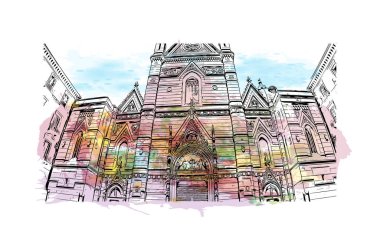 Print Building view with landmark of Naples is the city in Italy. Vektörde elle çizilmiş resim ile suluboya sıçraması.